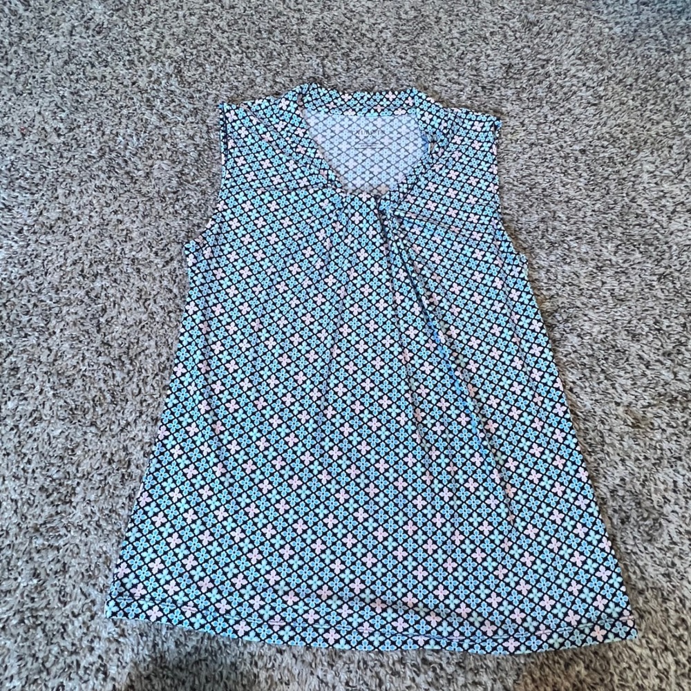 Talbots Womens Small Blue Pink Geometric Floral Sleeveless Split Neck Knit Top